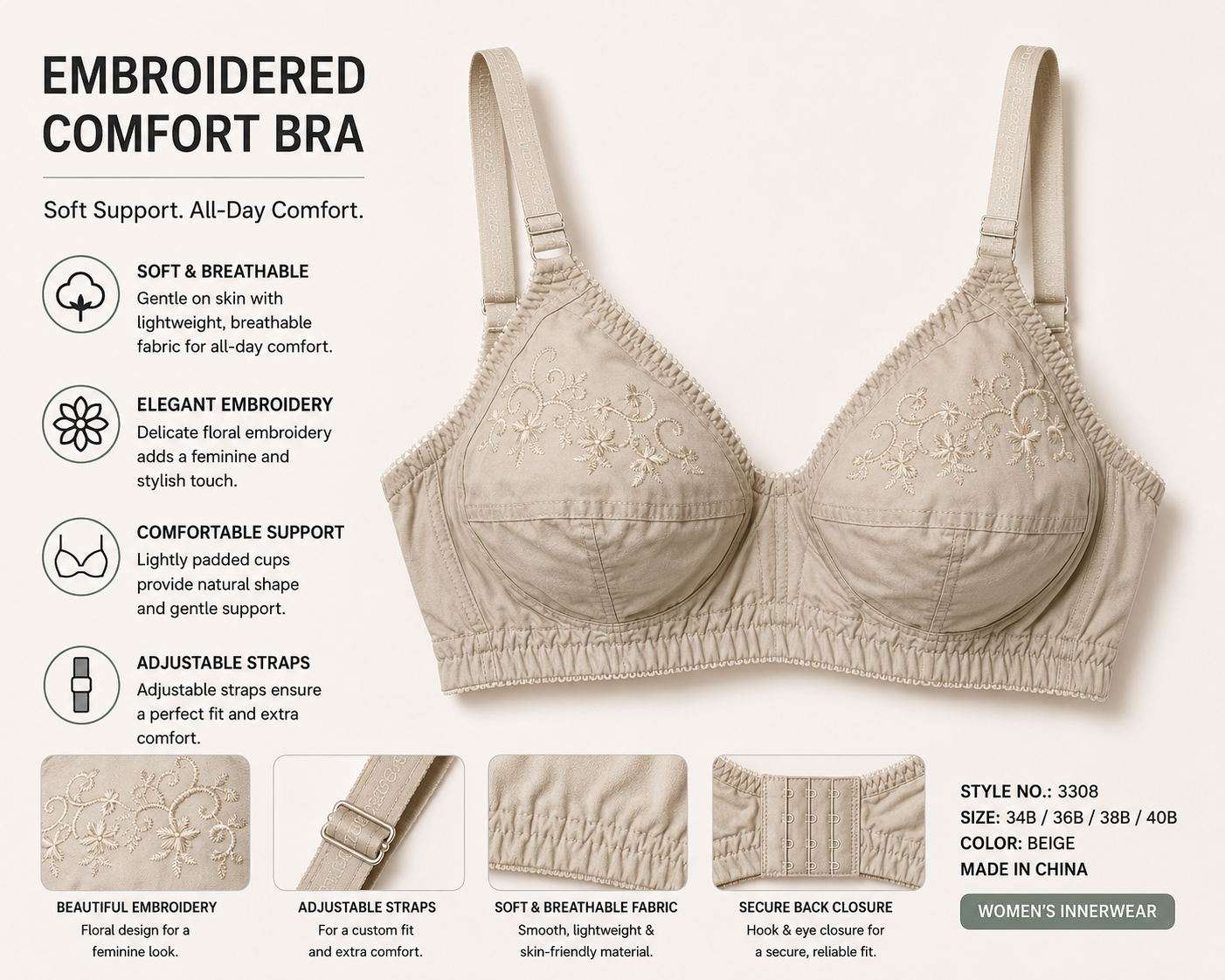 Women's Comfort Support Bra | Soft Everyday Wireless Bra | Lightweight & Breathable Fit