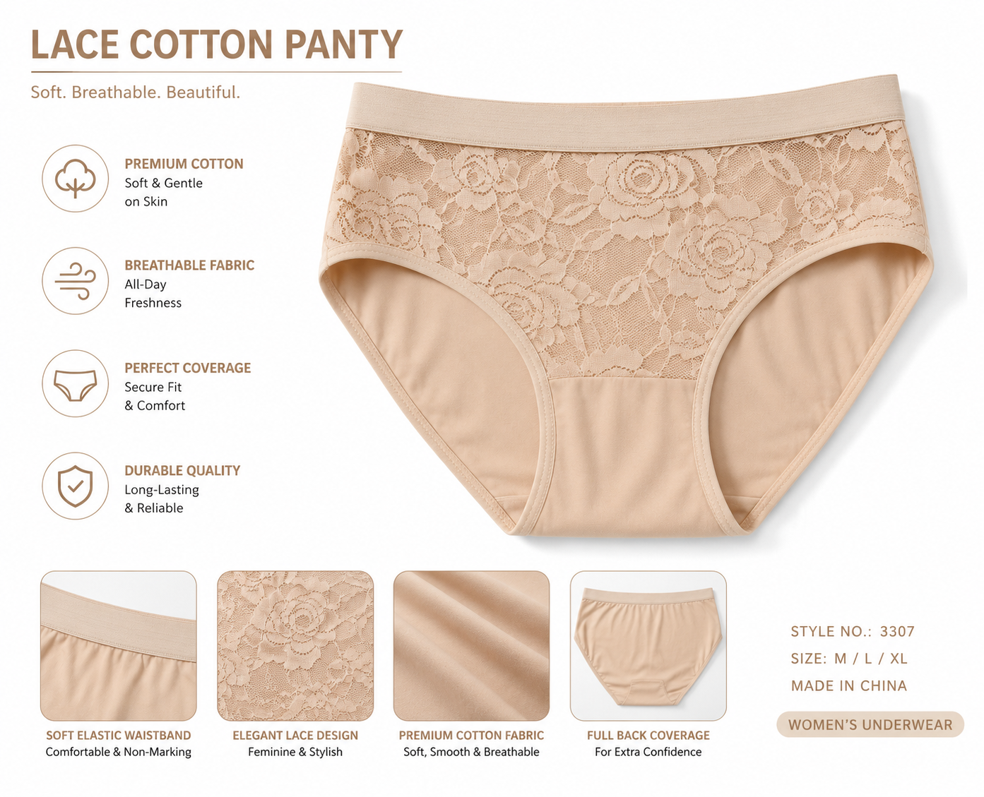 Women's Lace Cotton Panty | Soft Breathable Full Coverage Underwear | Comfortable Everyday Briefs