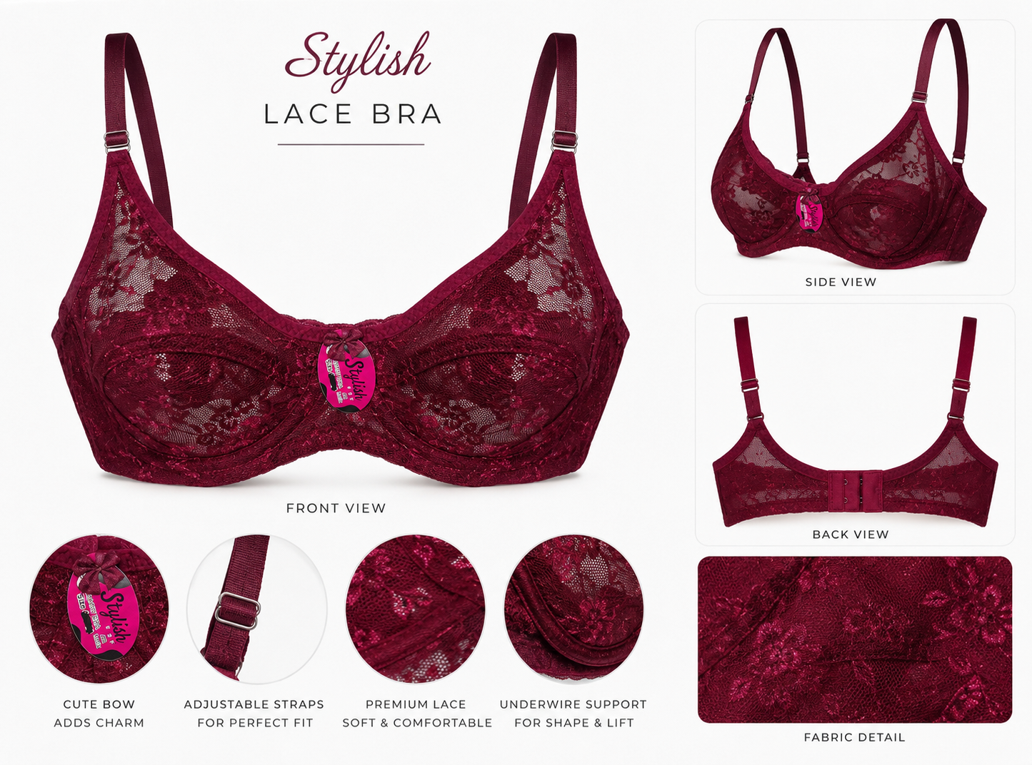 Stylish Women's Premium Lace Bra – Soft Full Coverage Support Bra