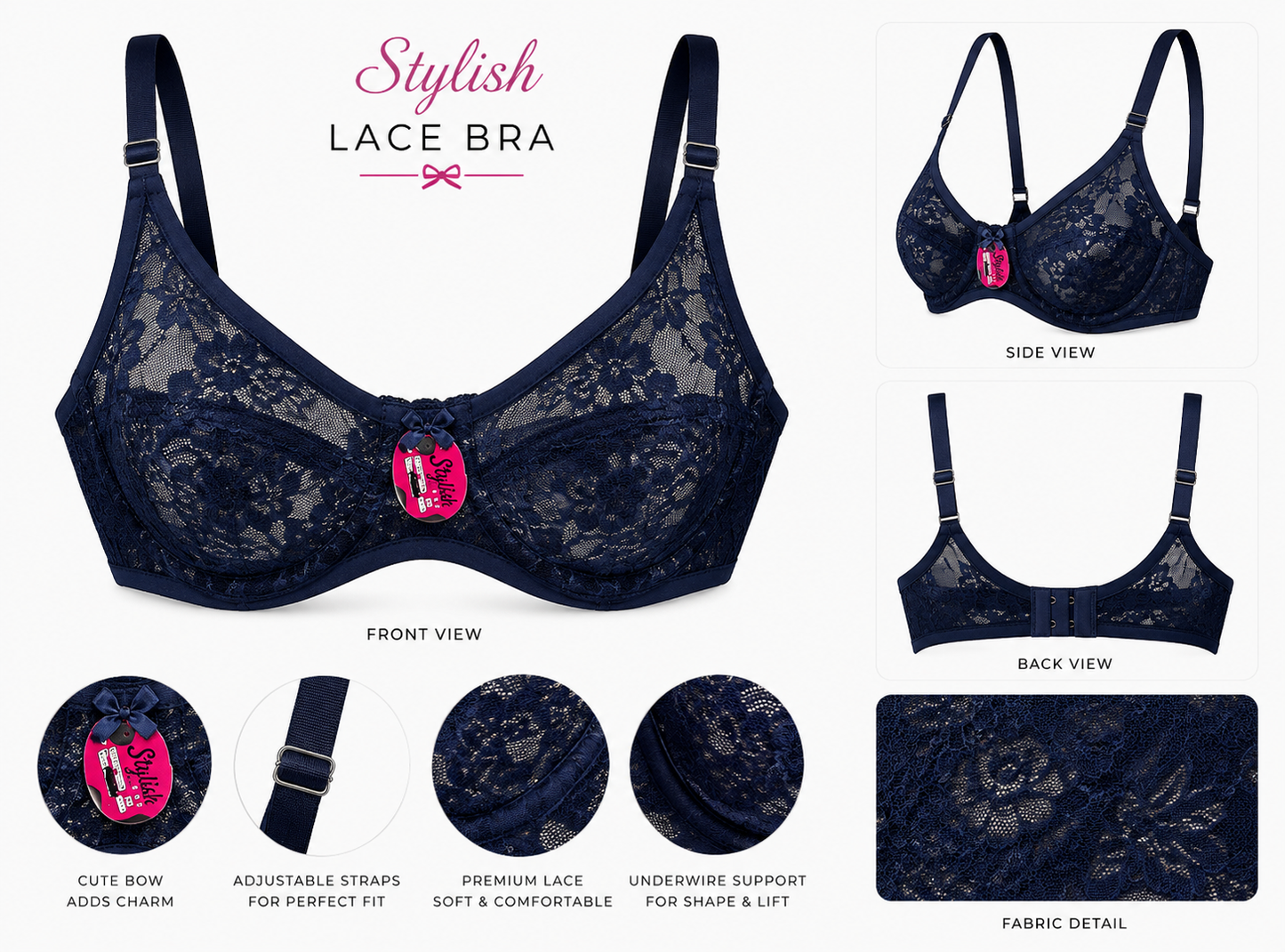 Stylish Women's Premium Lace Bra – Soft Full Coverage Support Bra