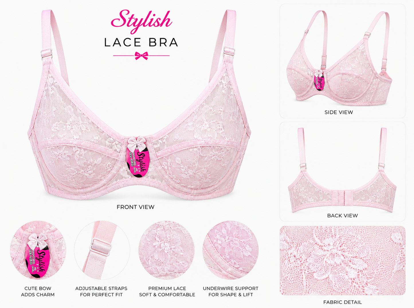 Stylish Women's Premium Lace Bra – Soft Full Coverage Support Bra