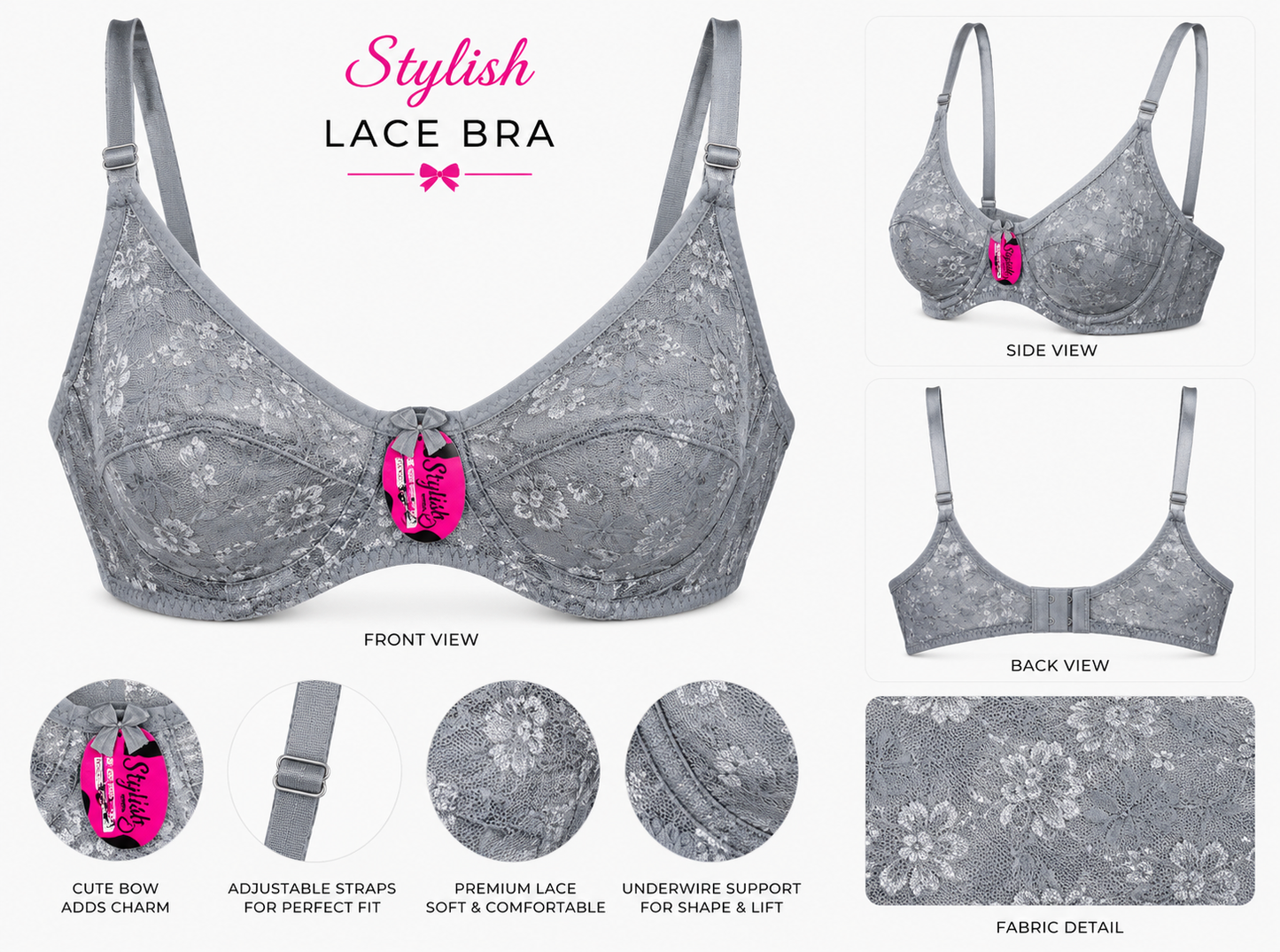 Stylish Women's Premium Lace Bra – Soft Full Coverage Support Bra