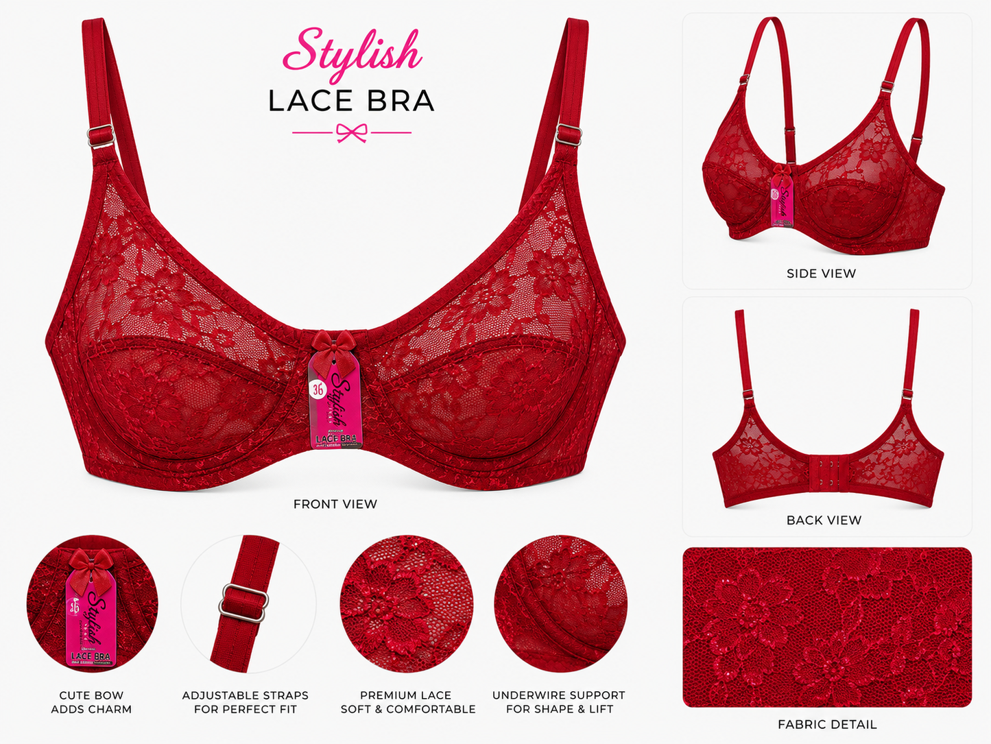 Stylish Women's Premium Lace Bra – Soft Full Coverage Support Bra