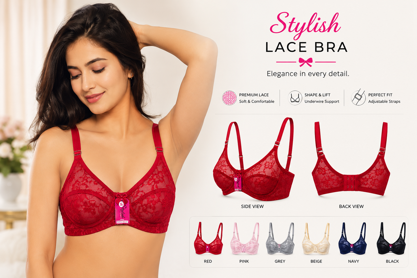 Stylish Women's Premium Lace Bra – Soft Full Coverage Support Bra