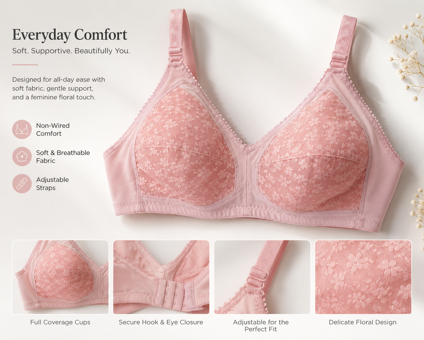 Everyday Comfort Non-Wired Lace Bra – Soft Support & Breathable Elegance