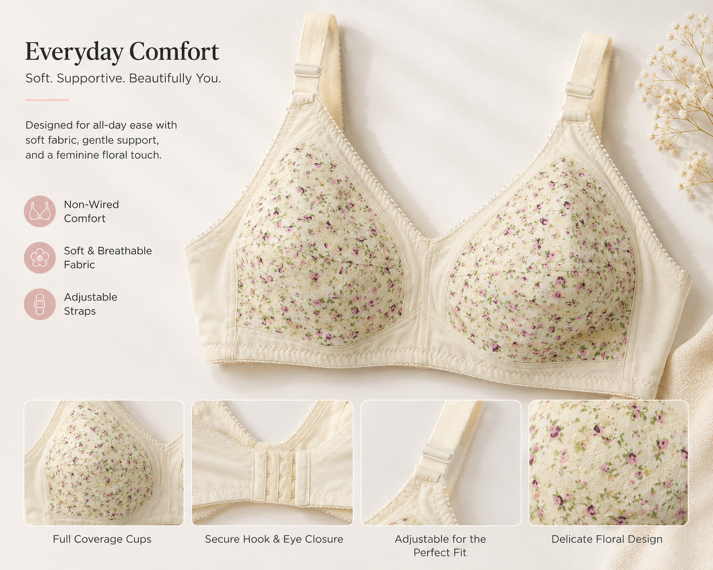 Everyday Comfort Non-Wired Lace Bra – Soft Support & Breathable Elegance