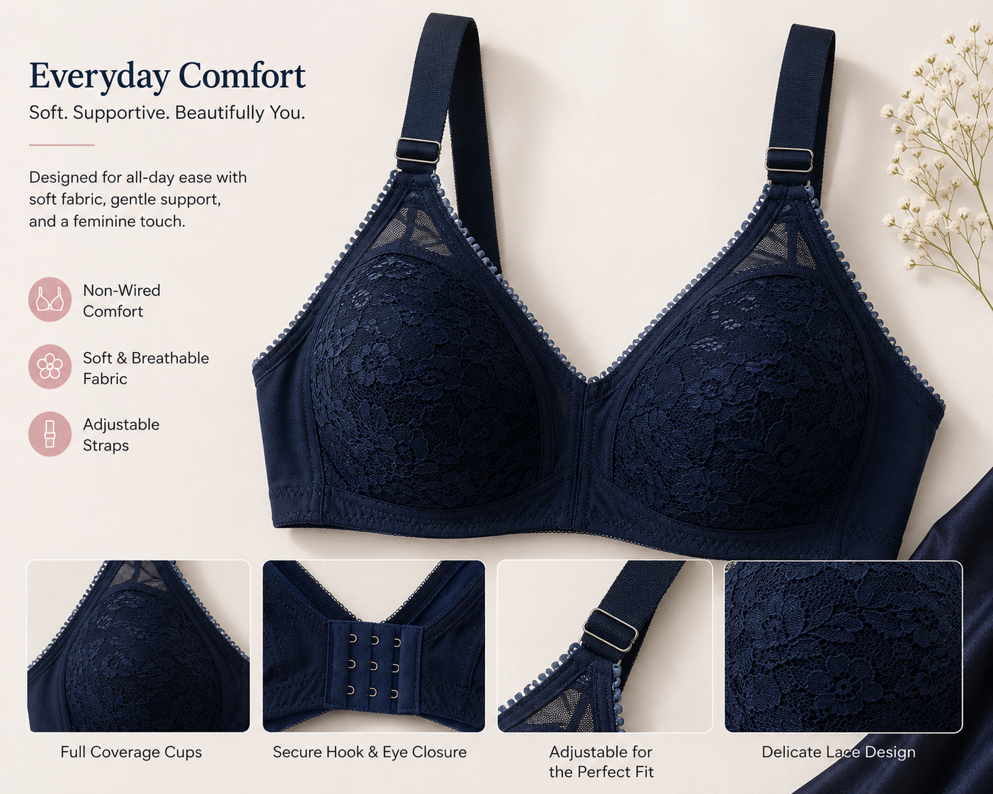 Everyday Comfort Non-Wired Lace Bra – Soft Support & Breathable Elegance