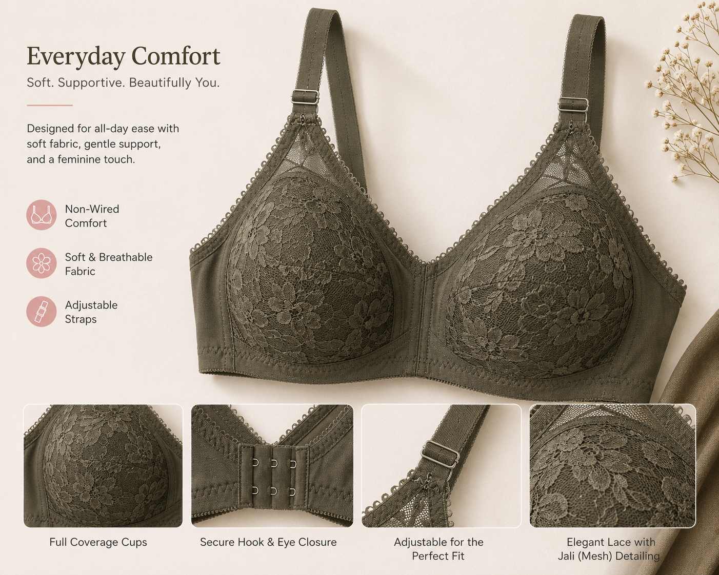 Everyday Comfort Non-Wired Lace Bra – Soft Support & Breathable Elegance