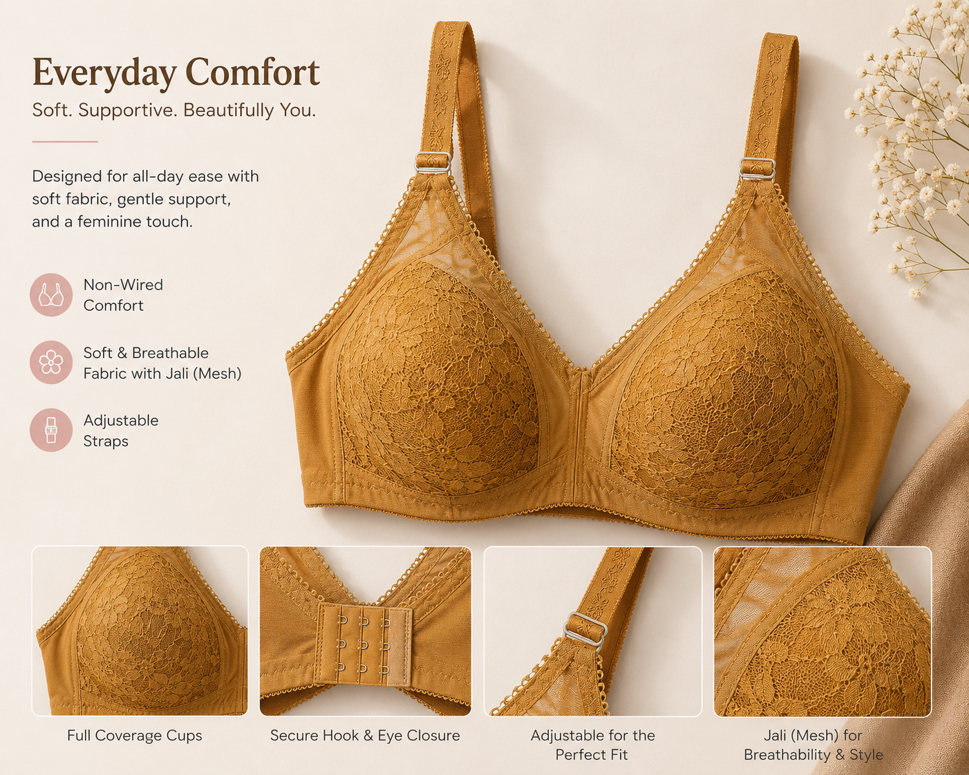 Everyday Comfort Non-Wired Lace Bra – Soft Support & Breathable Elegance