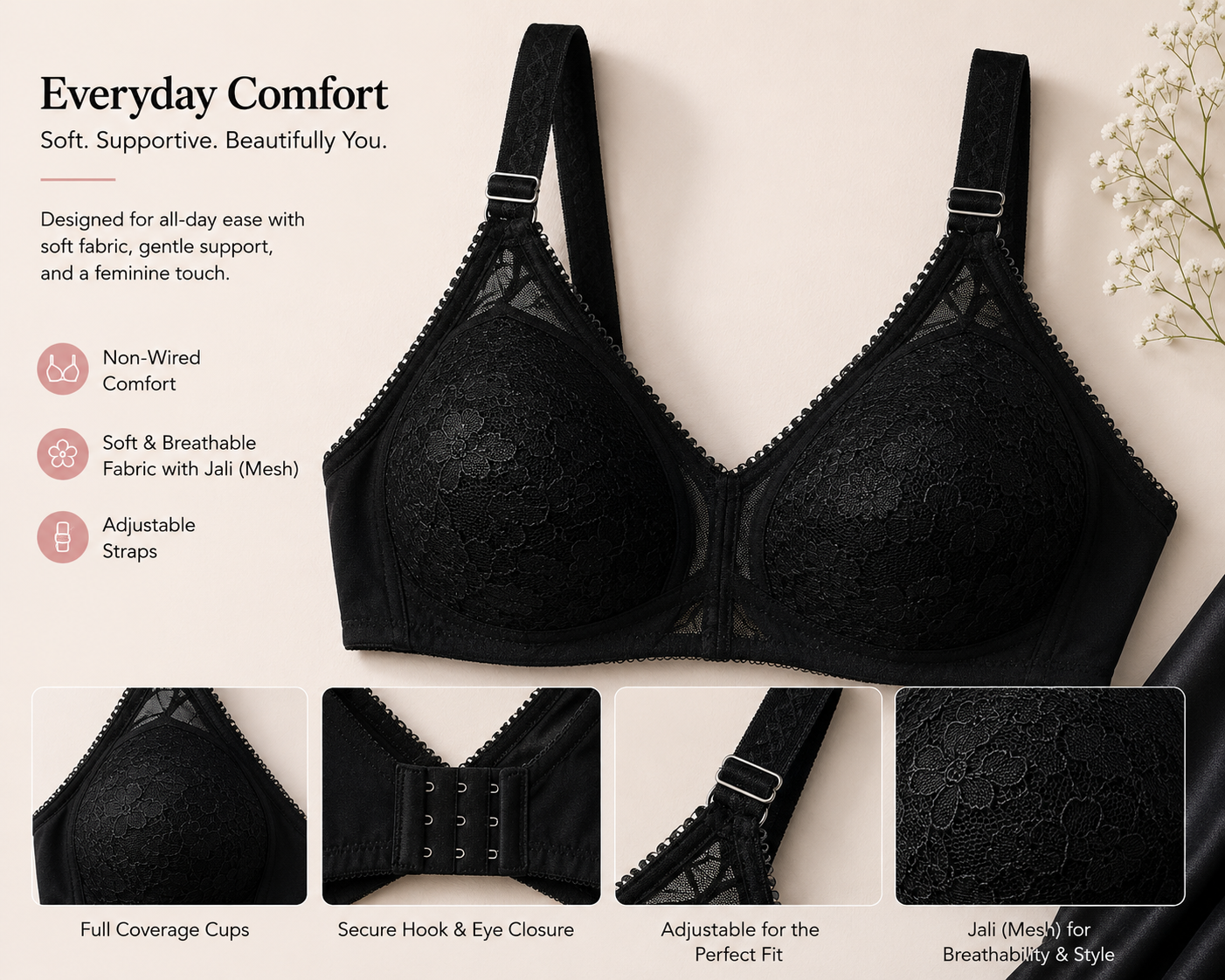 Everyday Comfort Non-Wired Lace Bra – Soft Support & Breathable Elegance