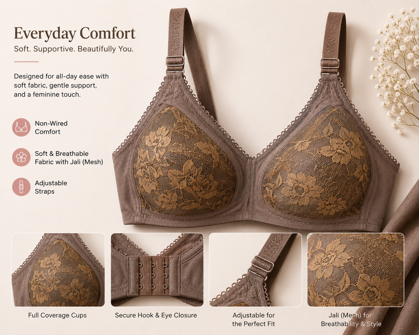 Everyday Comfort Non-Wired Lace Bra – Soft Support & Breathable Elegance