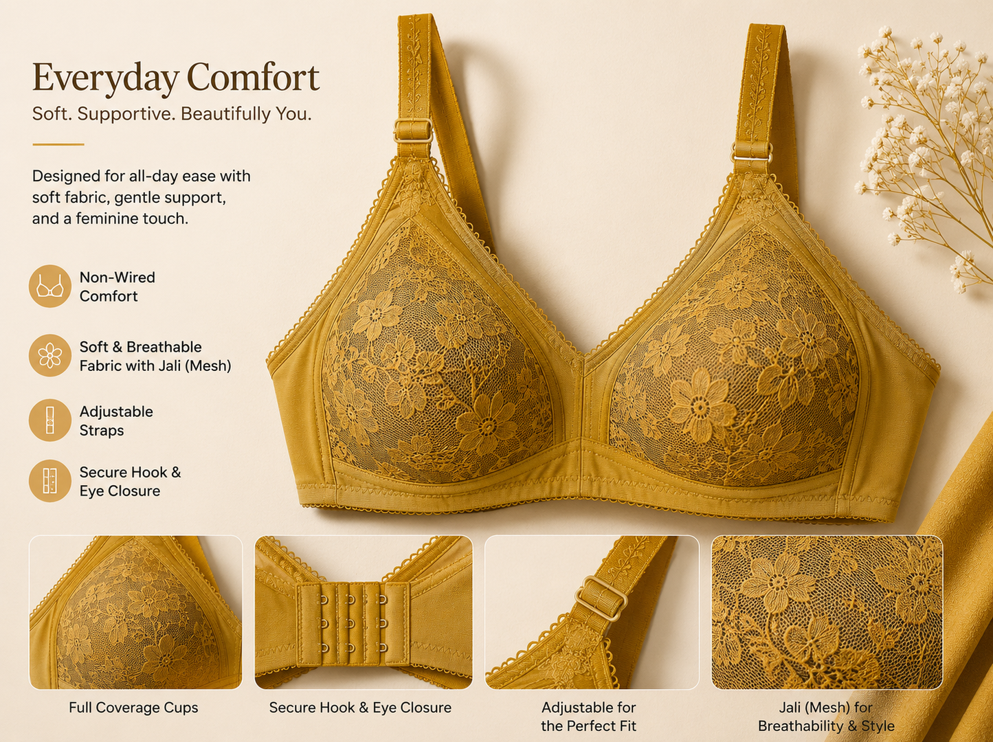 Everyday Comfort Non-Wired Lace Bra – Soft Support & Breathable Elegance