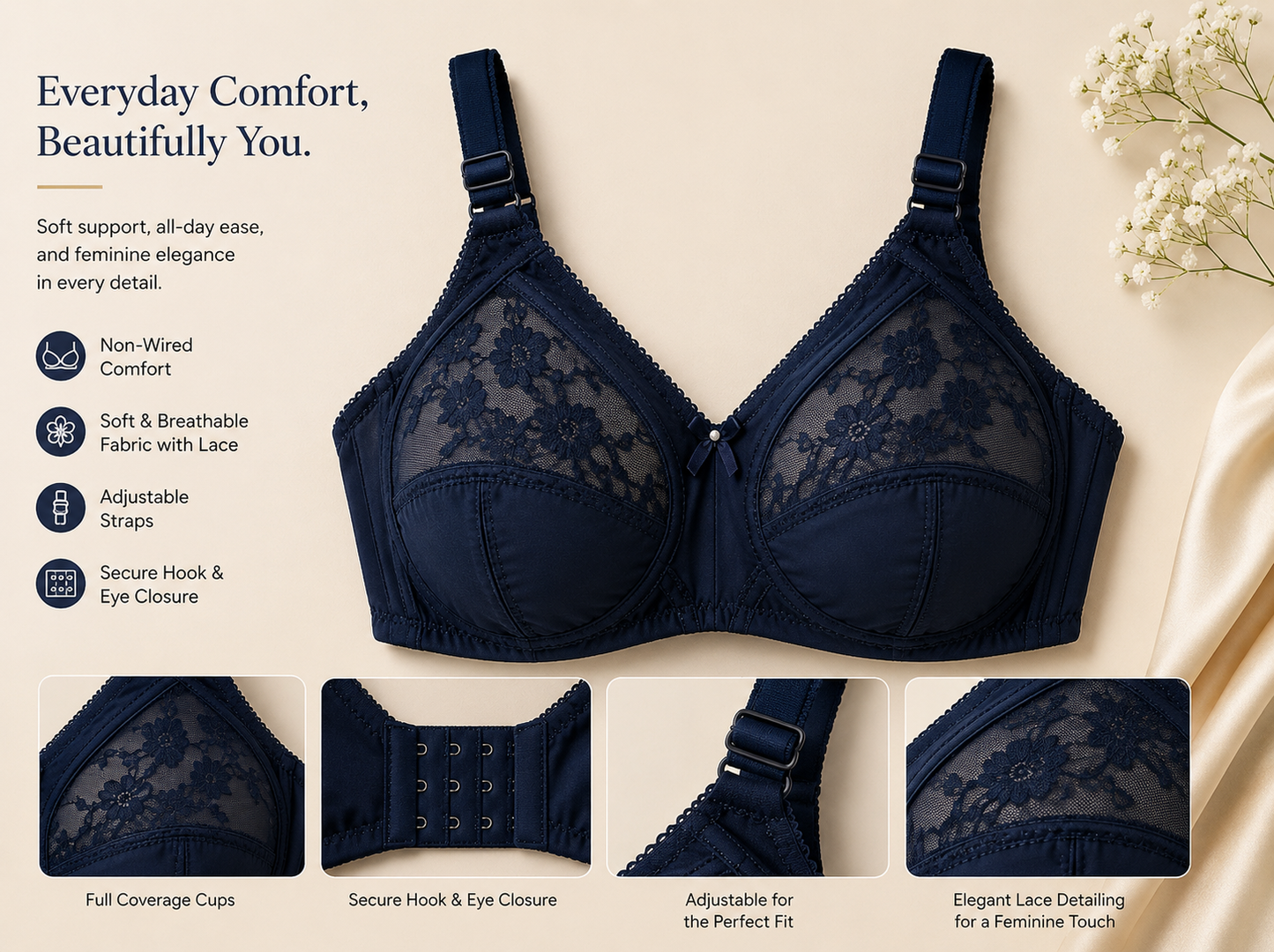 Elegant Everyday Comfort Non-Wired Lace Bra – Full Coverage & Soft Support