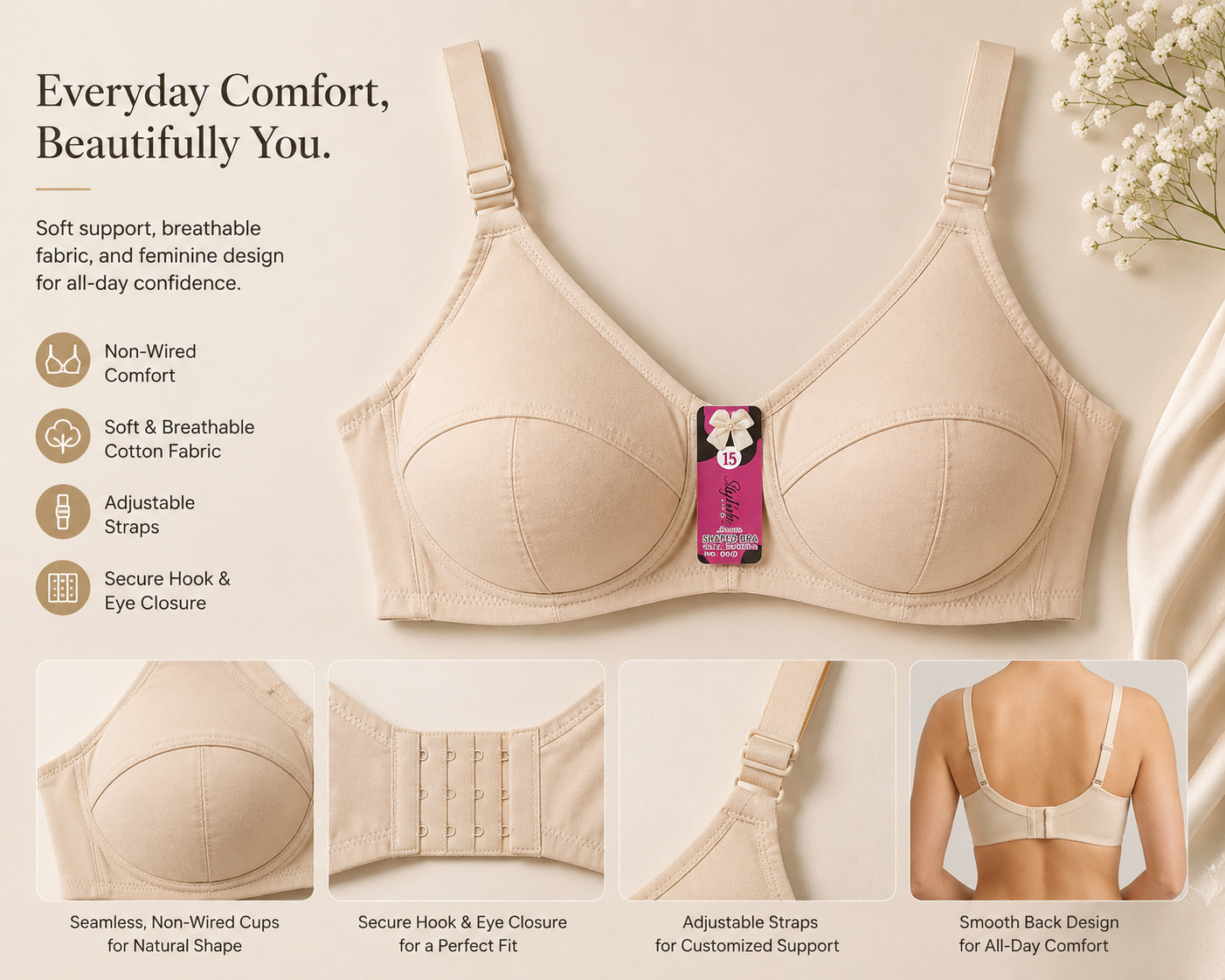 Classic Cotton Comfort Non-Wired Bra – Full Coverage & Everyday Support