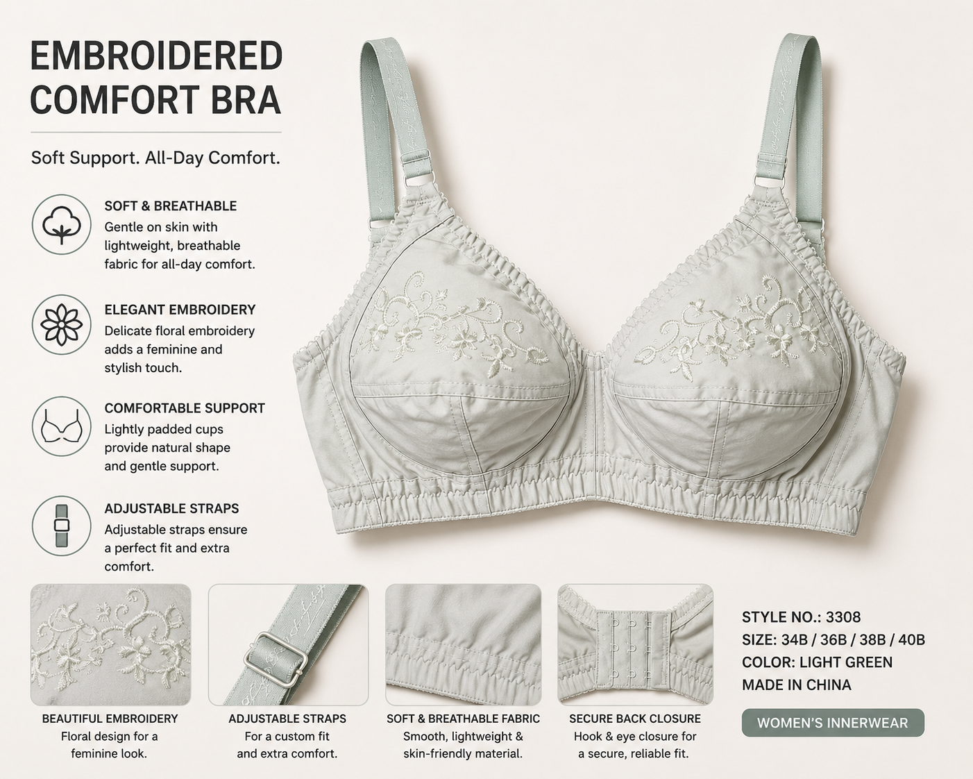 Women's Comfort Support Bra | Soft Everyday Wireless Bra | Lightweight & Breathable Fit