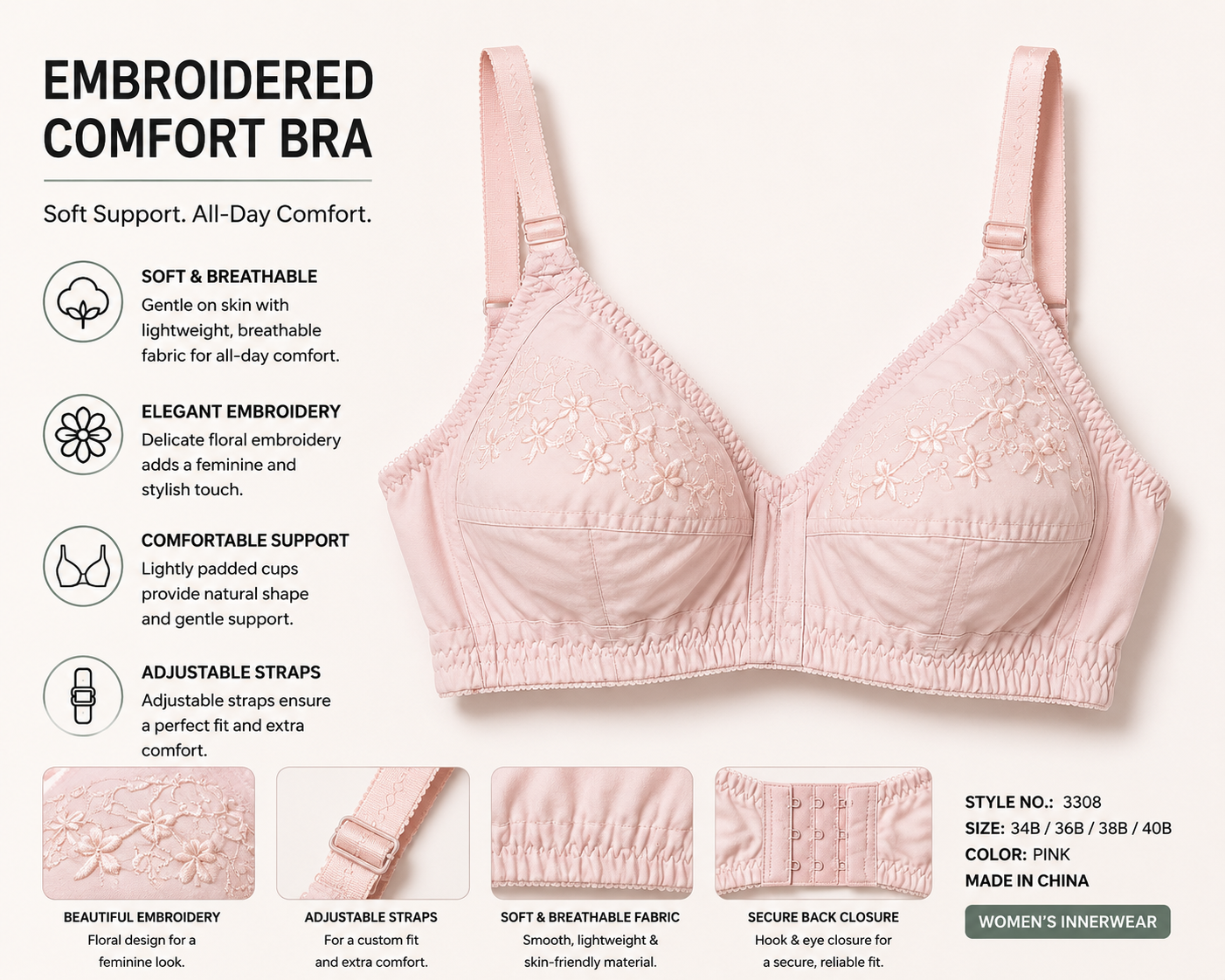 Women's Comfort Support Bra | Soft Everyday Wireless Bra | Lightweight & Breathable Fit
