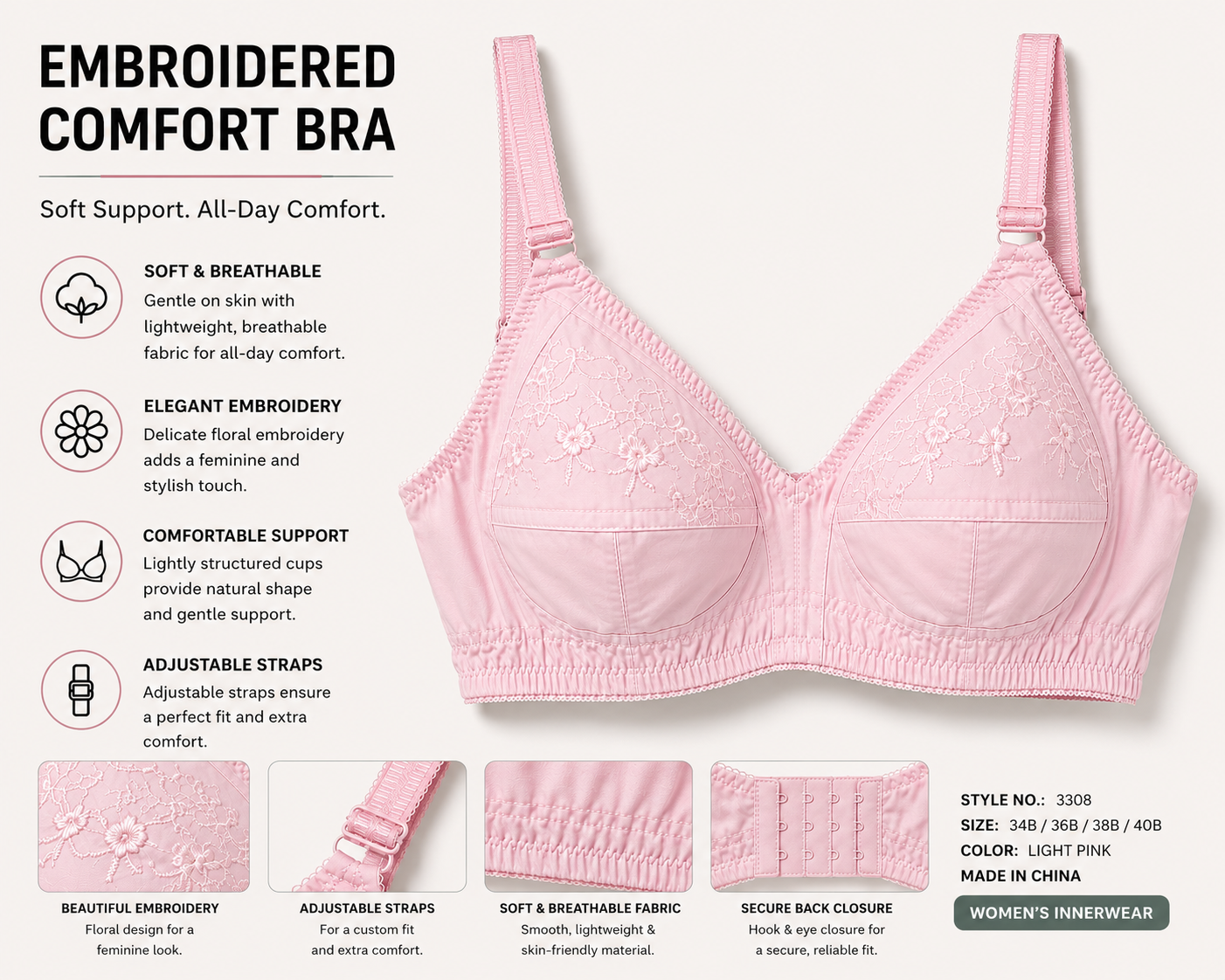 Women's Comfort Support Bra | Soft Everyday Wireless Bra | Lightweight & Breathable Fit