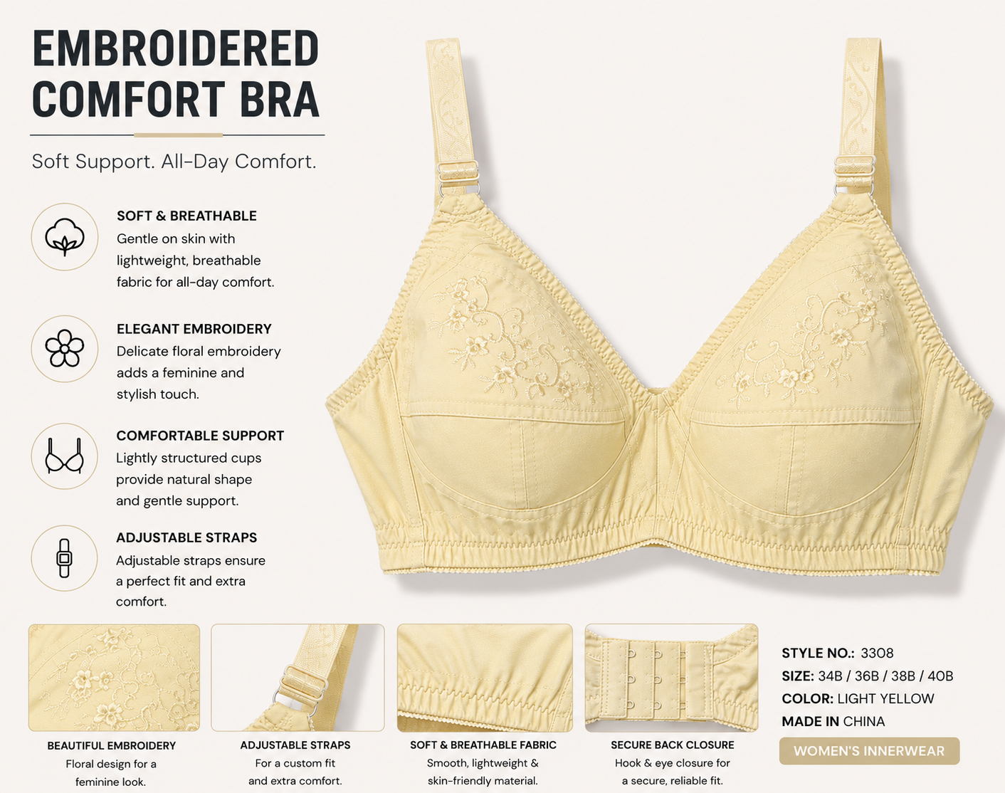Women's Comfort Support Bra | Soft Everyday Wireless Bra | Lightweight & Breathable Fit