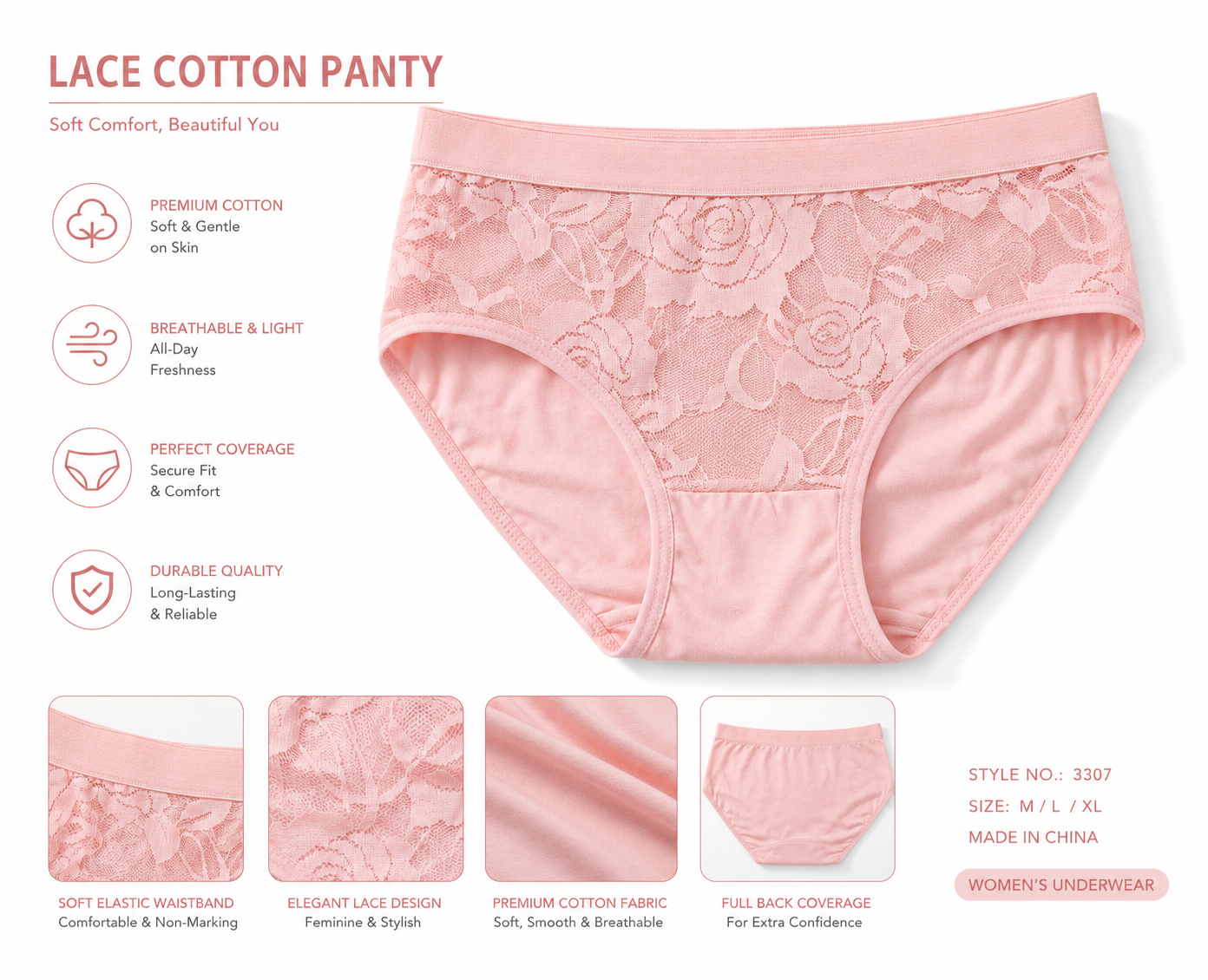 Women's Lace Cotton Panty | Soft Breathable Full Coverage Underwear | Comfortable Everyday Briefs