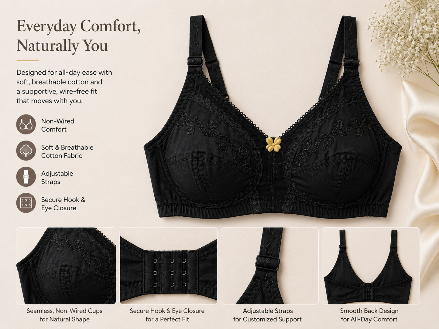 Everyday Comfort Wire-Free Cotton Bra – Soft, Supportive & Breathable